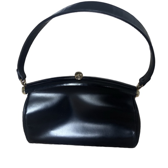 Vintage Black Leather Top Handle Handbag – Gold Frame Clasp - Picture 5 of 8